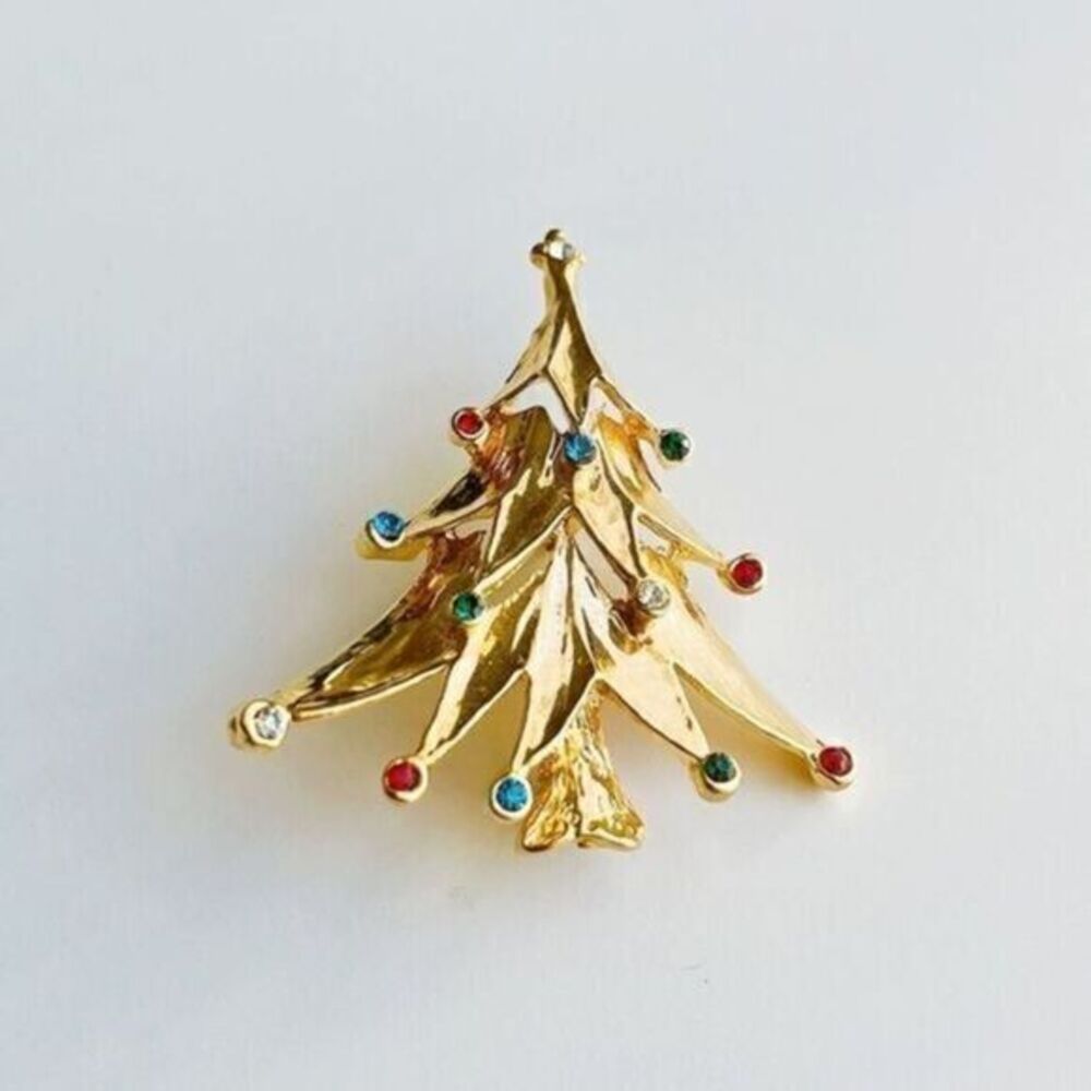 Vintage Christmas Tree Brooch, Gold Tone With Multicoloured Rhinestones​​